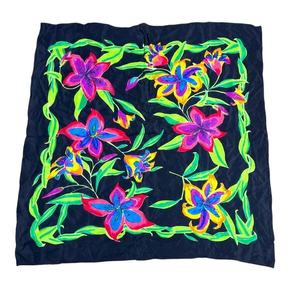 Liz Claiborne 100% Silk 30" Square Scarf Multicolor Stargazer Lillies on Black - Picture 3 of 4